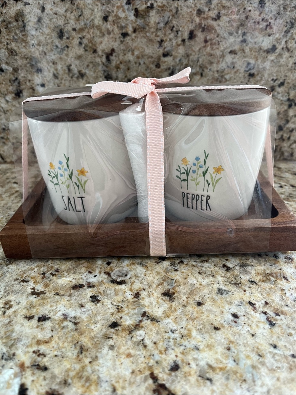 Rae Dunn White Salt & Pepper Set with Yellow and Blue Floral Motif